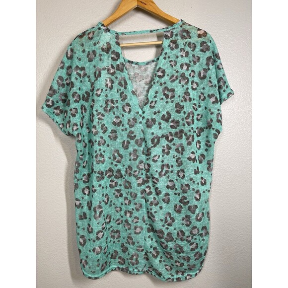 NWT Boutique‎ Aqua Leopard Lightweight Loose Knit Blouse Top Sz M Oversized - Picture 5 of 10
